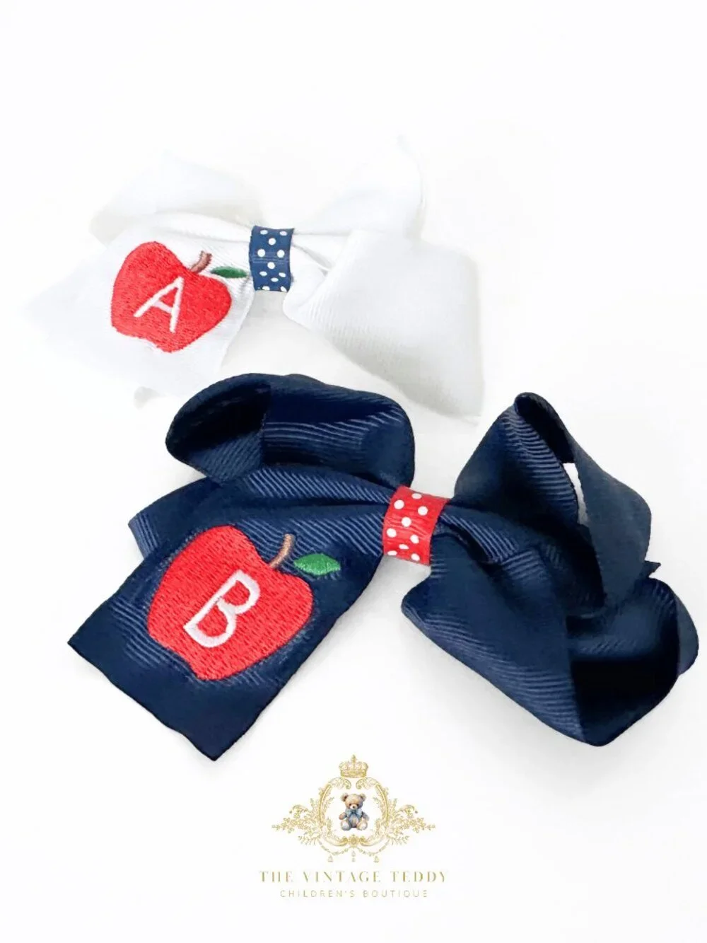 NWT Cute Girls Hair Bows Back to School Embroidered Grosgrain Ribbon Set of 2
